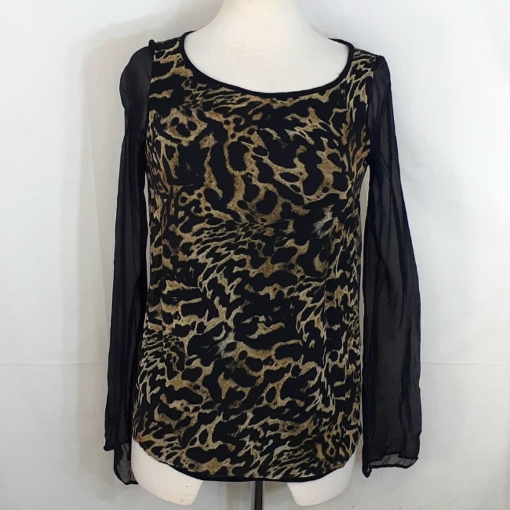Plein Sud Jeanius leopard print silk long sleeve blouse black brown tan size 6